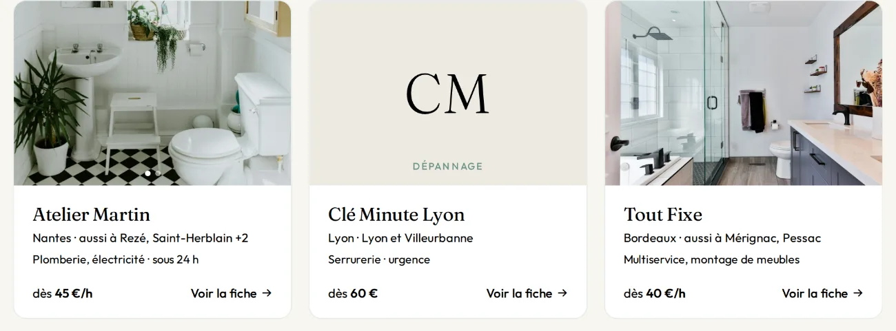 Cartes de pros du dépannage dans l’annuaire (fiches fictives)