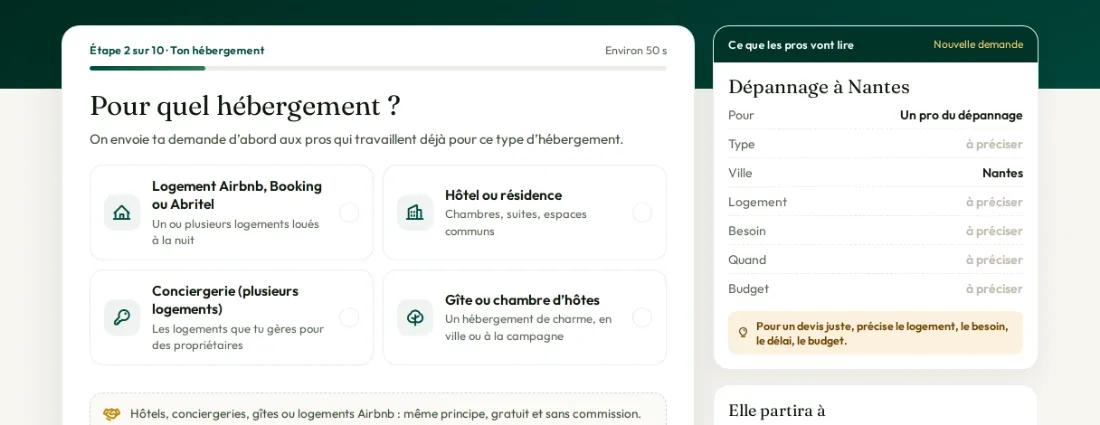 Formulaire « Décris ton besoin » rempli par un hôte