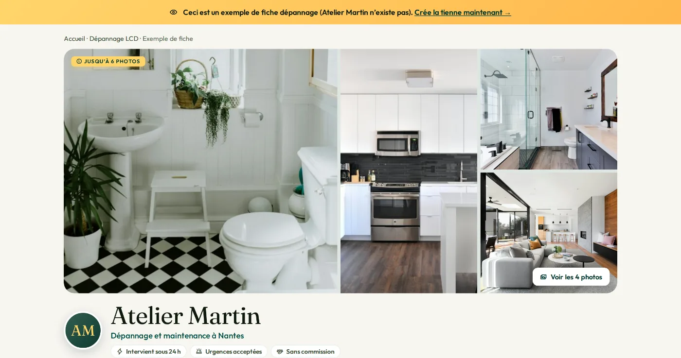 Fiche d’exemple d’Atelier Martin, dépannage à Nantes : bandeau, photo principale et boutons de contact