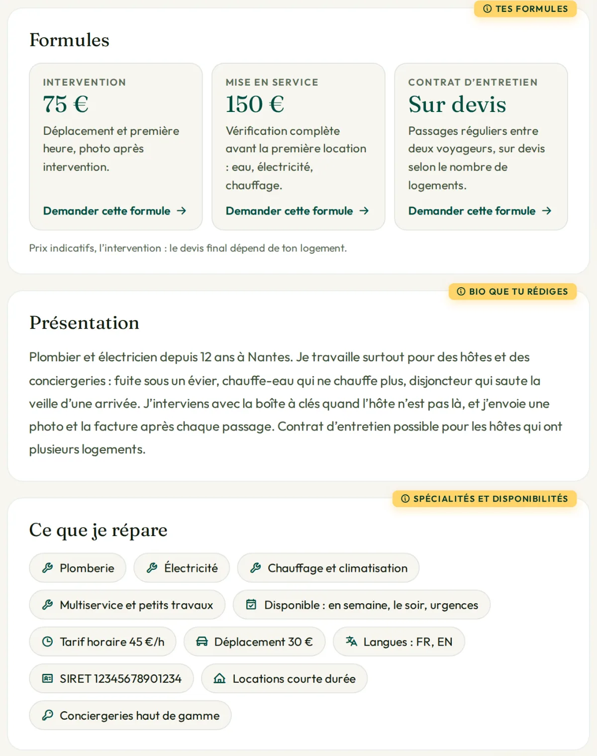 Formules, tarif horaire et spécialités sur la fiche d’exemple