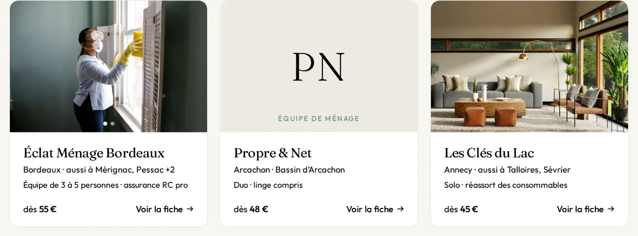 Cartes d’équipes de ménage dans l’annuaire (fiches fictives)