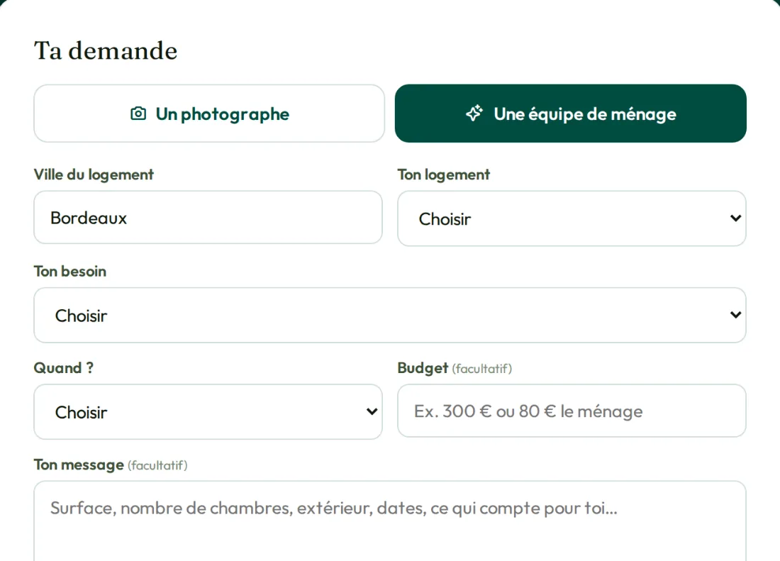 Formulaire « Décris ton besoin » rempli par un hôte