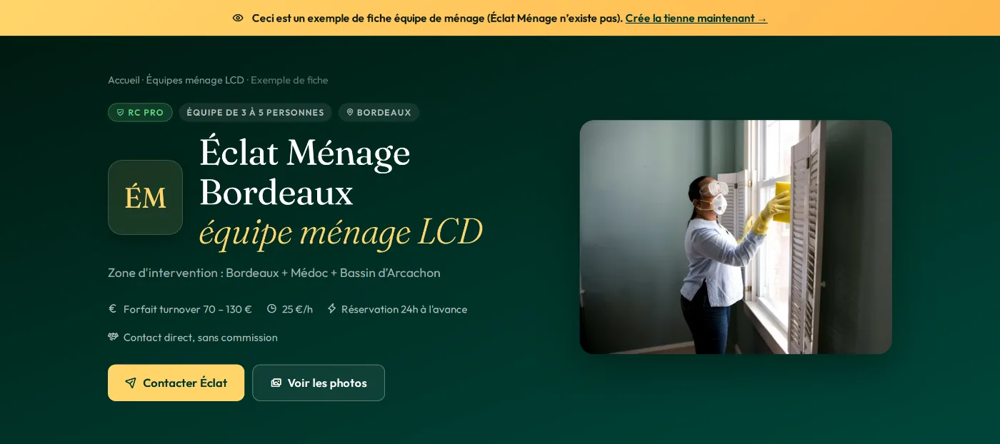 Fiche d’exemple d’Éclat Ménage Bordeaux : bandeau, photo principale et boutons de contact