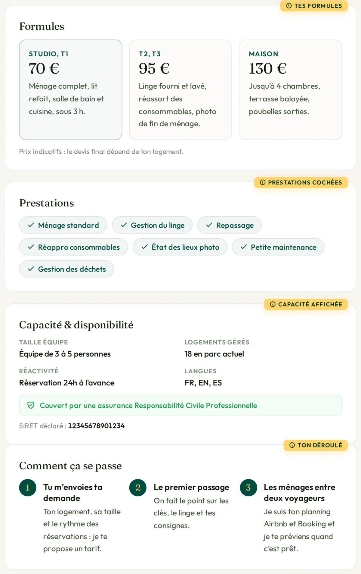 Formules, prestations, capacité et déroulé sur la fiche d’exemple