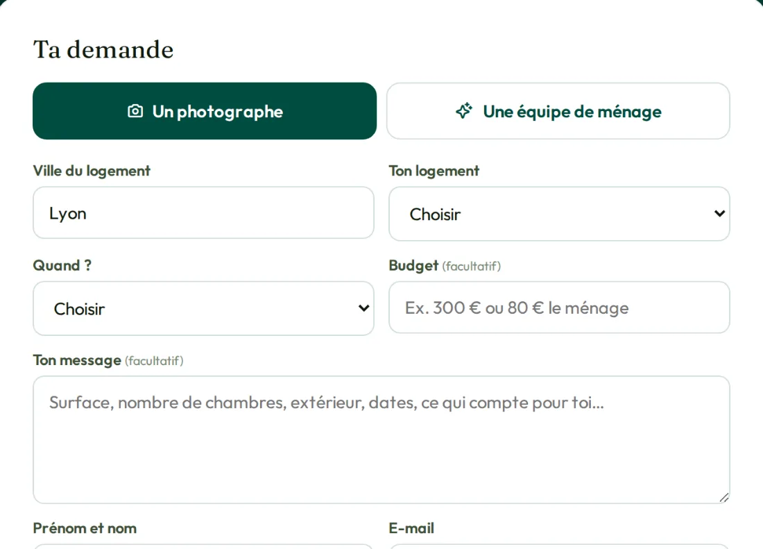 Formulaire « Décris ton besoin » rempli par un hôte