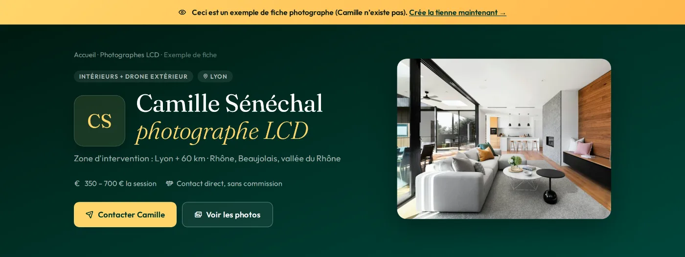 Fiche d’exemple de Camille Sénéchal, photographe à Lyon : bandeau, photo principale et boutons de contact
